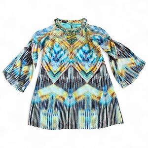 VTG Bebe Women’s Cold Shoulder Bell Sleeve Dress Sz XS Heather Grey Beaded Boho